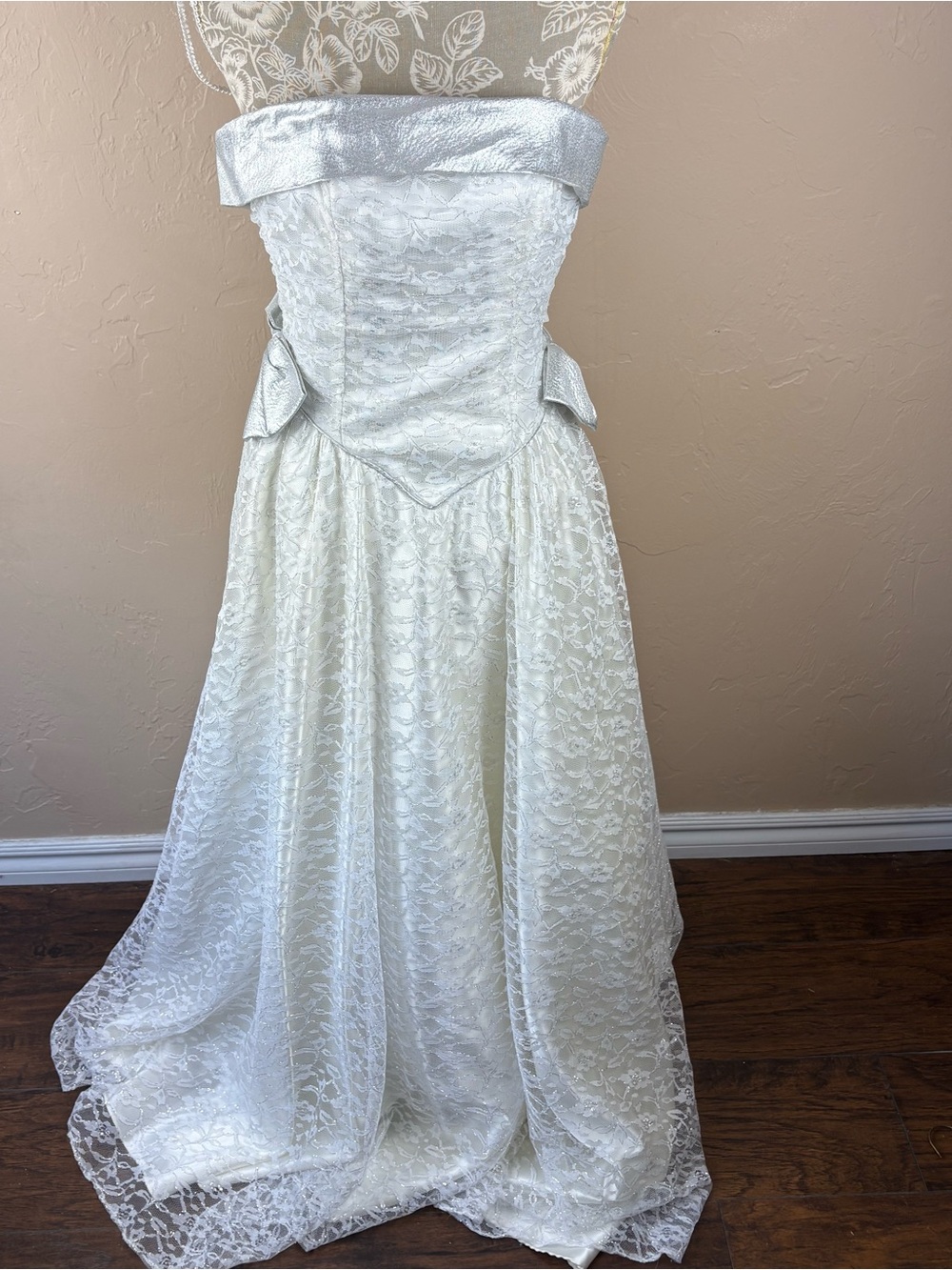 Vintage Dirty Dancing White Silver Strapless Lace Prom Dress Gown Womens Size 10